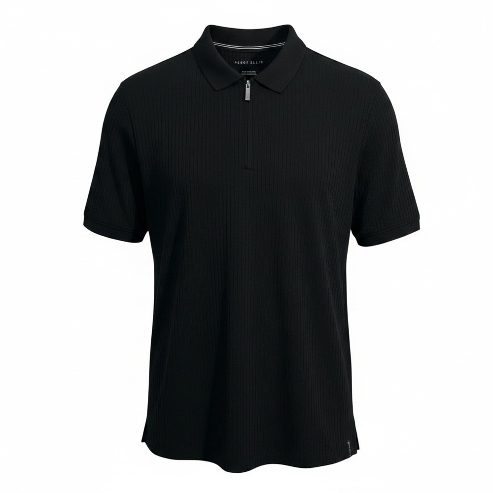 Perry Ellis Men's Vertical Ribbed Quarter Zip Polo Shirt Size M Black Stretch